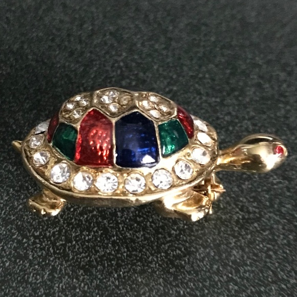 Turtle Gold Tone Brooch With Multi Color Stones Shell and White Rhinestones - Picture 1 of 6
